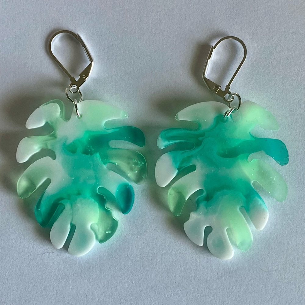 Rainbow green and white tree leaf earrings